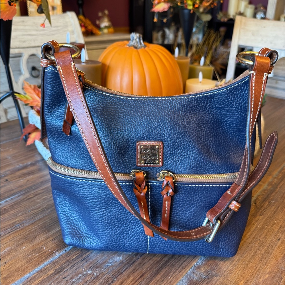 SOLD - Dooney & Bourke Navy & Brown Hobo Pebble Grain Alyssa Crossbody
